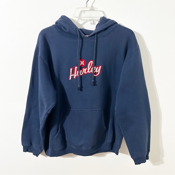 Hurley Blue Pullover Hoodie with Drawstring Sweatshirt Ribbed Cuffs / Waistline - Picture 2 of 11